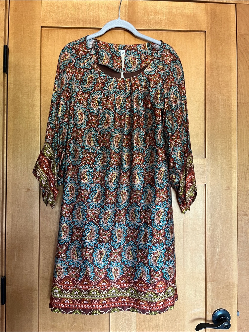 Uncle Frank Teal & Rust Boho 3/4 Sleeve Shift Dress. Size XS. Festival